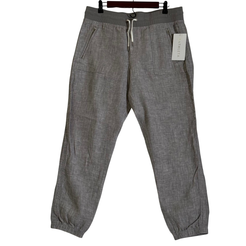 Athleta Cabo Linen Jogger Pants Grey 12 Mid Rise Stretch Waist 405720 NWT
